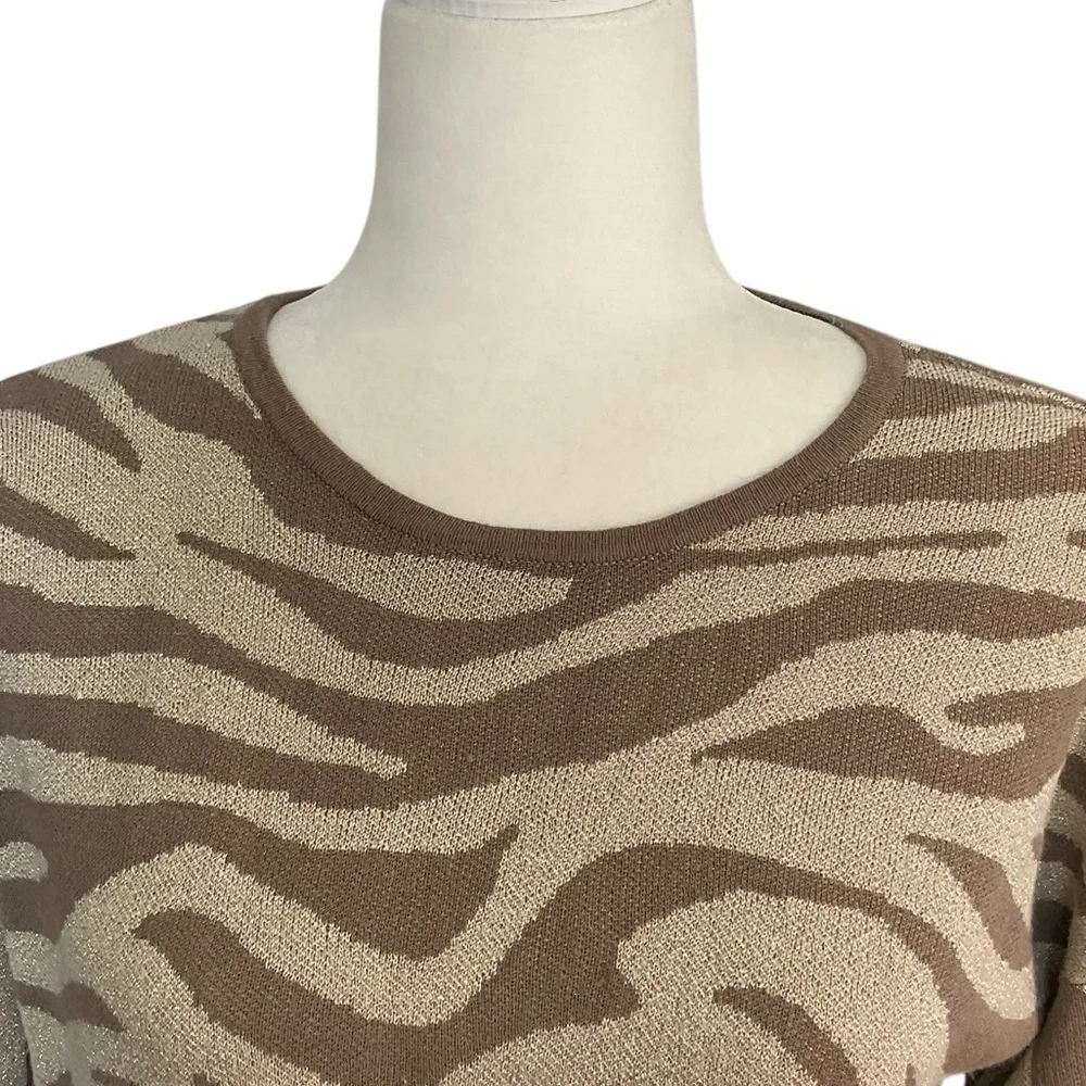 Chico's Tan and Brown Zebra Print Gold Metallic Accent Crewneck Sweater Size M